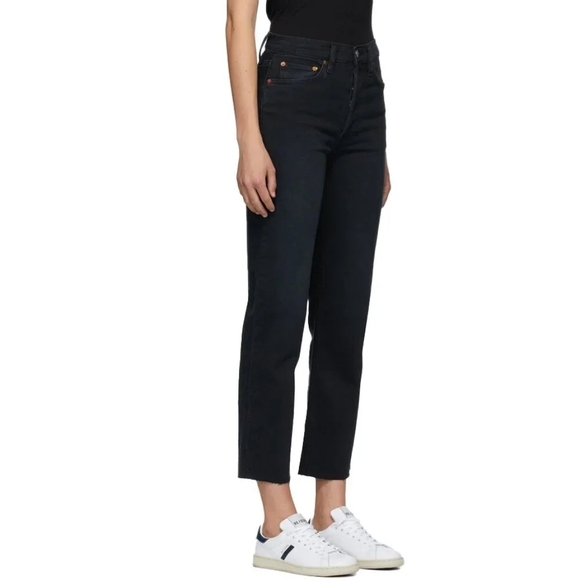 RE/DONE Stove Pipe Cropped High-Rise Button Fly Raw Hem Black Jeans s24 - Picture 3 of 13